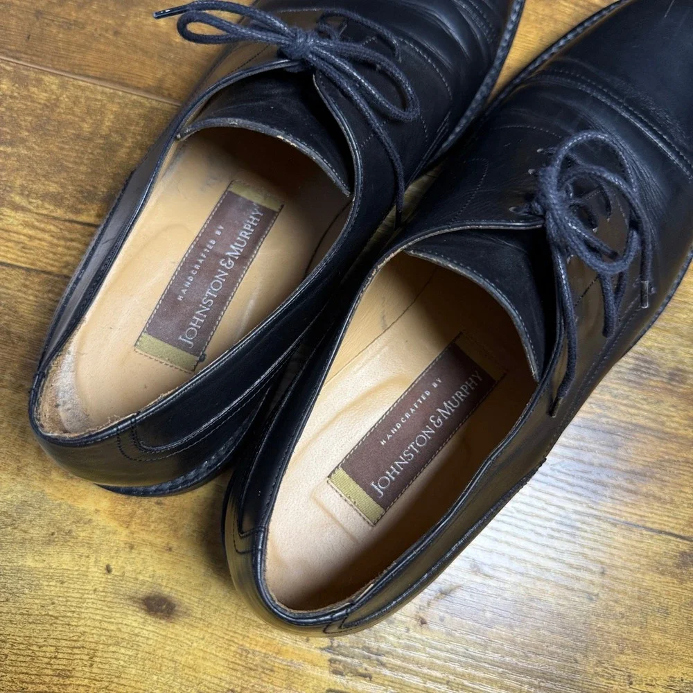 Johnston & Murphy Italy Black Leather Cap Toe Derby Dress Shoes Mens 10.5 M